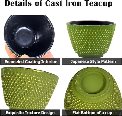 Japanese Cast Iron Tea Cups, Small and Heavy Teacups with no Handles, Japanese Style Cup for Adults, Asian Teacups, Coated with Enameled Interior, 4 Pcs/Box (Green, 3.38oz/100ml)