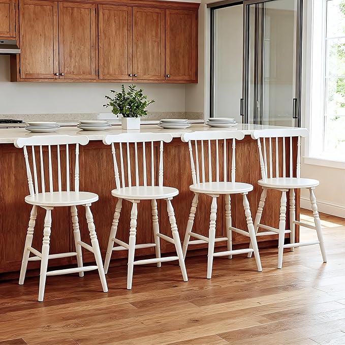 chairus 24" White Windsor Counter Height Bar Stools Set of 4, Farmhouse Wooden Counter Stools with Spindle Back & Turned Legs, Rustic Vintage Colonial Bar Chairs for Kitchen Island