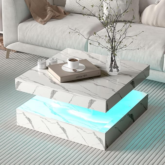 White Marble LED Coffee Table for Living Room, Living Room Table 2-Tier Square Middle Center Table, Modern Coffee Tables with Storage, Contemporary Wood Tea Tables for Dining Reception