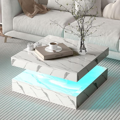 White Marble LED Coffee Table for Living Room, Living Room Table 2-Tier Square Middle Center Table, Modern Coffee Tables with Storage, Contemporary Wood Tea Tables for Dining Reception