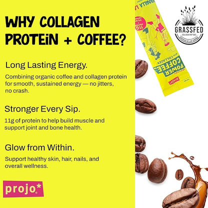 Projo* Power Coffee – Instant Coffee with 11g Protein – Grass-Fed Hydrolyzed Bovine Collagen & 175mg Caffeine – Vanilla Latte Flavor – Organic – Energy Support – 12 Single-Serve Packets