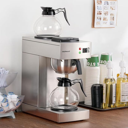 12-Cup Coffee Maker 1.8L Commercial Drip Coffee Maker Pour Over Coffee Machines with 2 Glass Carafes and 2 Warmers Plate Stainless Steel Coffee Brewer for Cofe Bar and Restaurant