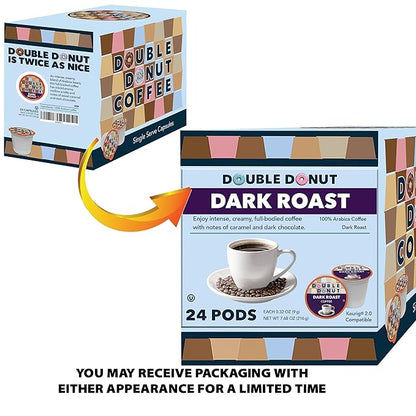 Double Donut Coffee Dark Roast Coffee Pods, Extra Bold Blend Coffee, Single Serve Coffee For Keurig K Cups Machines, Dark Roast Coffee in Recyclable Pods, 24 Count