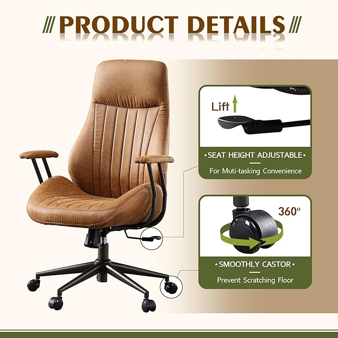 High Back Office Chair,Modern Swivel Office Chair,Brown Suede Fabric Gaming Chair,Height Adjustable Home Office Desk Chair with Lumbar Support