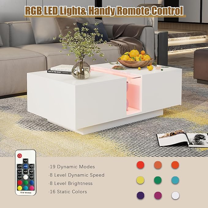White Led Coffee Table for Living Room, Rectangular Living Room Table with Storage, Acrylic Coffee Tables with 2 Sliding Drawers, Wood Center Table for Reception Dinning Room