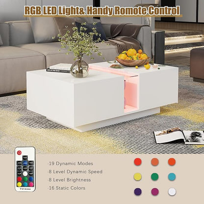 White Led Coffee Table for Living Room, Rectangular Living Room Table with Storage, Acrylic Coffee Tables with 2 Sliding Drawers, Wood Center Table for Reception Dinning Room