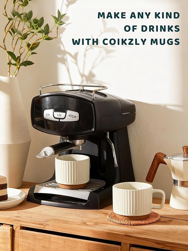 10OZ Small Stackable Coffee Mugs, Ceramic Coffee Mugs with Stripe Patterns for Man,Woman,Dad,Mom, Modern Coffee Mugs Set of 4 for Latte/Cappuccino/Cocoa/Tea. Dishwasher&Microwave Safe, Beige