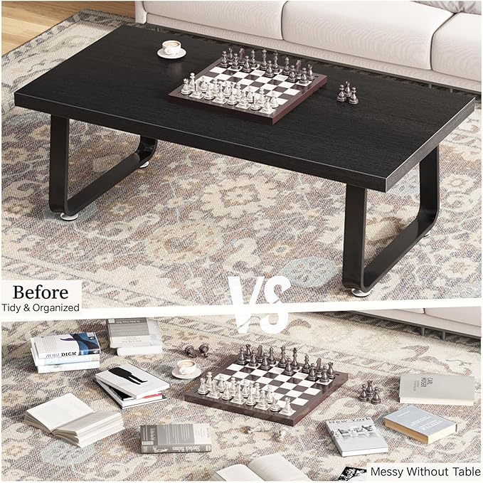 HSH Black Coffee Table, Industrial Wood and Metal Legs Center Table, Modern Minimalist Rectangle Cocktail Table for Living Room, Farmhouse Wooden Tea Table for Bedroom Home Office, Black Oak, 47 Inch