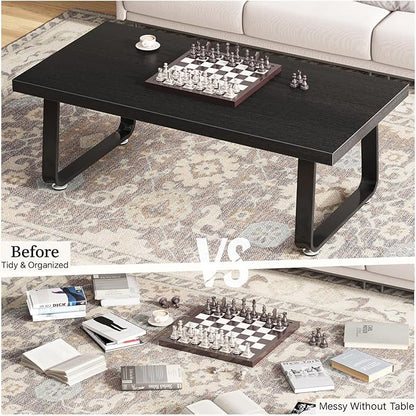 HSH Black Coffee Table, Industrial Wood and Metal Legs Center Table, Modern Minimalist Rectangle Cocktail Table for Living Room, Farmhouse Wooden Tea Table for Bedroom Home Office, Black Oak, 47 Inch