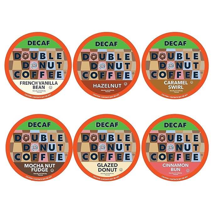 Double Donut Coffee Decaf Flavored Coffee Single Serve Cups For Keurig K Cup Brewer Variety Pack Sampler (96 count)