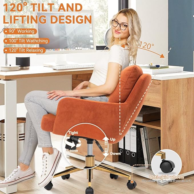 Flannel Office Chair, Comfy Home Office Desk Chairs with Lumbar Support, Modern Velvet Desk Chair Gold Legs Small Swivel Task Chair for Home Office, Bedroom, Study (Orange, L)