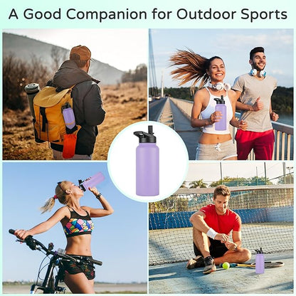 DOMICARE 40 oz Insulated Water Bottle Bulk, Vacuum Insulated Stainless Steel Sports Water Bottle with Straw Lid & Spout Lid, Leakproof, Reusable - Travel, Camping, Bike, Purple (4 Pack)