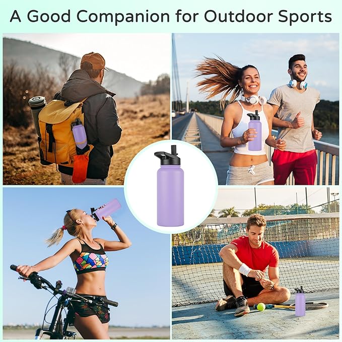 DOMICARE 40 oz Insulated Water Bottle Bulk, Vacuum Insulated Stainless Steel Sports Water Bottle with Straw Lid & Spout Lid, Leakproof, Reusable - Travel, Camping, Bike, Purple (4 Pack)