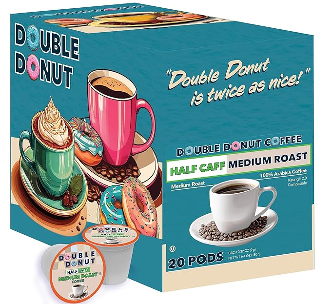 Double Donut Coffee Half Caff Coffee Pods, Single Serve Half Caffeine Coffee Pods For Keurig K Cup Brewers, Medium Roast, 20 Count
