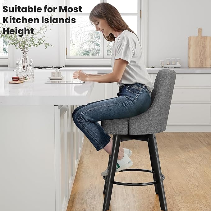 Swivel Bar Stools, 24" Counter Height Barstools, Fabric Upholstered Counter Bar Stools with Solid Wood Legs for Kitchen Island, Home Bar, Dark Gray
