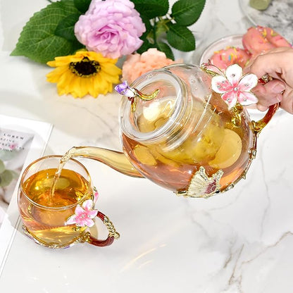 Lily Flower Enamel Glass Teapot - 46oz/1300ml, Floral Teapot With Removable Loose Tea Leaf Infuser