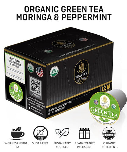 Organic Moringa Green Tea with Peppermint Tea Pods for Keurig - Naturally Caffeinated by Teavity (12 Tea Pods)
