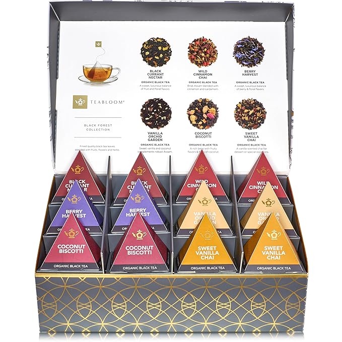 Teabloom Organic Black Forest Pyramid Tea Presentation Box, 12 Assorted Black Tea Blends, USDA Certified Organic Whole-Leaf Pyramid Tea Sachets