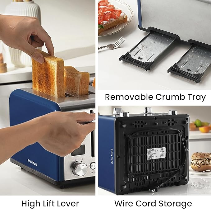 Roter Mond Countdown Stainless Steel 4 Slice Toaster with Bagel, Defrost, Cancel Function, Dual Toaster, Extra Wide Slots, 6 Shade Settings, Removable Crumb Trays, 1650W, Blue