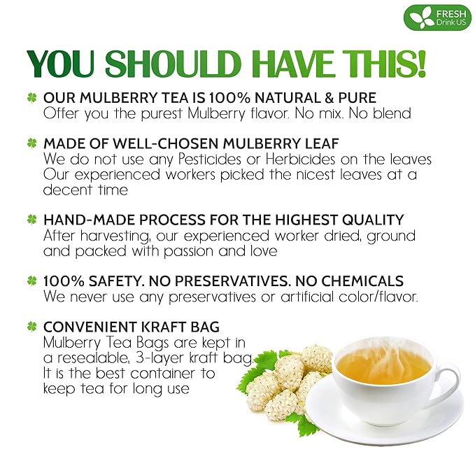 FreshDrinkUS, Premium 75 Mulberry Leaf Tea Bags, 100% Natural & Pure from Mulberry Leaves. Loose Leaf Herbal Tea. Made with Natural Material Tea Bags. No Sugar, No Caffeine, No Gluten, Vegan.