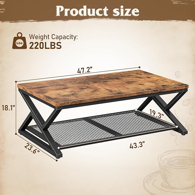 EnHomee Coffee Table with Storage, Modern Coffee Tables for Living Room with Mesh Shelf, 2 Tier Rectangular Center Table for Living Room, Bedroom, 47.2 Inch, Rustic Brown