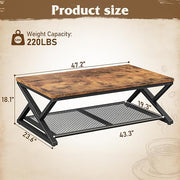 EnHomee Coffee Table with Storage, Modern Coffee Tables for Living Room with Mesh Shelf, 2 Tier Rectangular Center Table for Living Room, Bedroom, 47.2 Inch, Rustic Brown