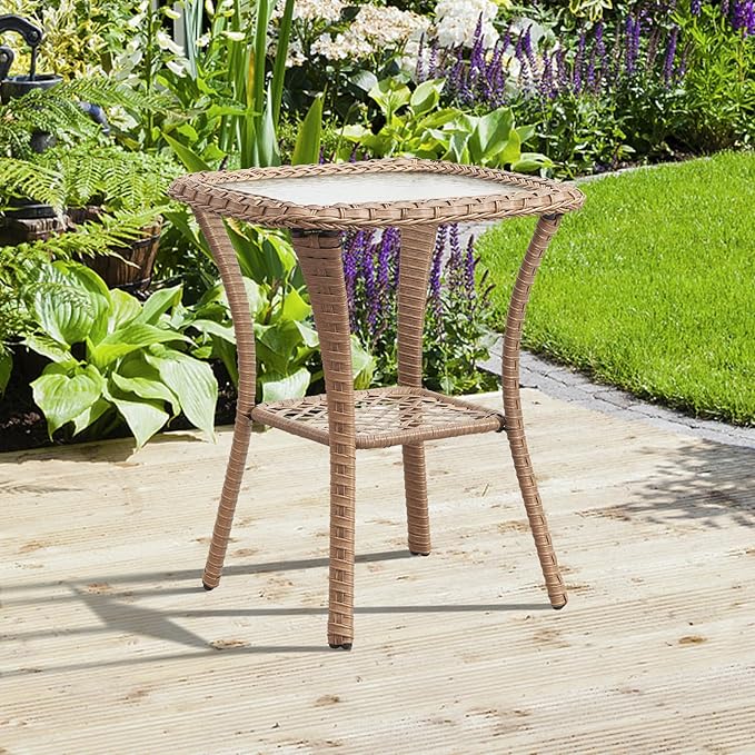 Patio Wicker Side Table, Outdoor PE Rattan End Table with 5mm Tempered Glass Top and 2-Tier Storage Shelf, 20" Square Coffee Table for Deck Porch Garden Backyard-Yellow