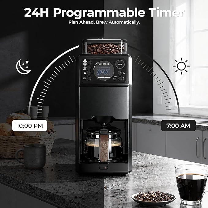 Programmable 5 Cup Coffee Maker with Grinder Built In, Automatic Drip Coffee Machine with Timer, Removable Tank, 22 oz Glass Carafe and Hot Plate, for Home Dorm and Office, Matt Black