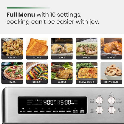 Infrared Heating Air Fryer Toaster Oven, Extra Large Countertop Convection Oven 10-in-1 Combo, 6-Slice Toast, Enamel Baking Pan Easy Clean with Recipe Book, Brushed Stainless Steel Finish