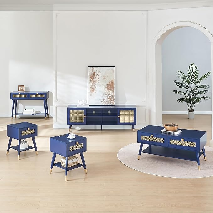 JYED Mid Century Wood Modern Coffee Table with Metal Mesh Decorated Storage Drawers,Blue Accent Center Table with Open Shelf,Rectangular Table for Living Room