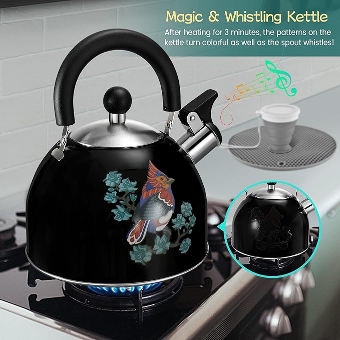 ARC Stainless Steel Whistling Tea Kettle for Stovetop, Magic Color Changing Design Teapot for Stovetop, 2 Quart Black Tea Kettle with Silicone Trivet Mat for Heat Resistant & Folding Cup