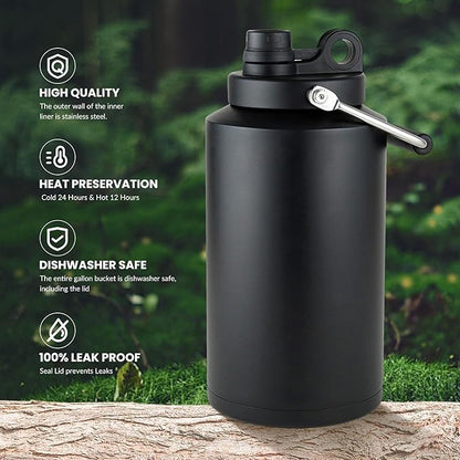 1 Gallon Water Jug Bottle Insulated with Straw, 128oz Stainless Steel Water Bottle Wide Mouth Double Vacuum Dishwasher Safe BPA Free for Hot & Cold Drinks Black