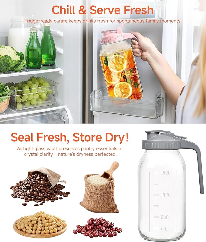64oz Large Mason Jar Pitcher with Lid,2 Quart Airtight Glass Tea Pitchers for Fridge, Leak-Proof Coffee Dispenser,Heavy Duty Water Container for Cold Brew Juice,Breastmilk Storage-(Black+Green+Yellow)