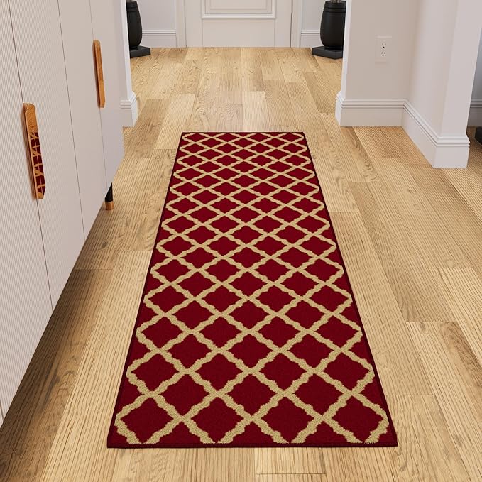 Ottomanson Hallway Runner Rug 1'10" x 7' Non Slip Trellis Area Rugs Easy to Clean Laundry Rug Runner Durable & Pet Friendly Floor Carpet Runners for Hallways Entryway Living Room Kitchen Bathroom, Red