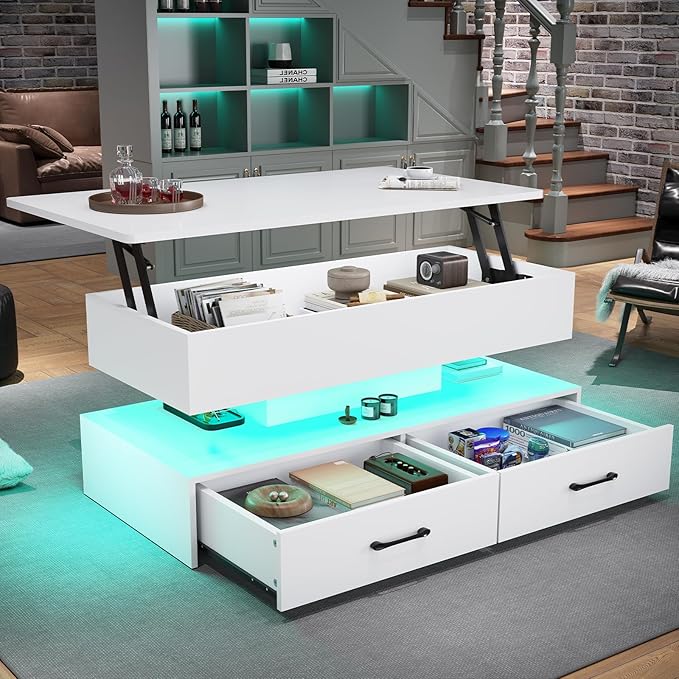 SEDETA 40" Lift Top Coffee Table, Coffee Tables with Storage for Living Room, Small Coffee Table with 2 Drawers & LED Light for Dining Reception Room, White