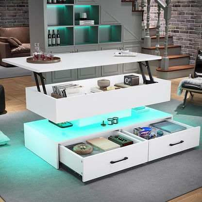 SEDETA 40" Lift Top Coffee Table, Coffee Tables with Storage for Living Room, Small Coffee Table with 2 Drawers & LED Light for Dining Reception Room, White