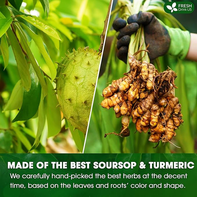 FreshDrinkUS, Premium 60 Soursop Turmeric Tea Bags, 100% Natural, Blend of Soursop Leaves, and Turmeric Root. Made with Natural Material Tea Bags. No Sugar, Vegan.