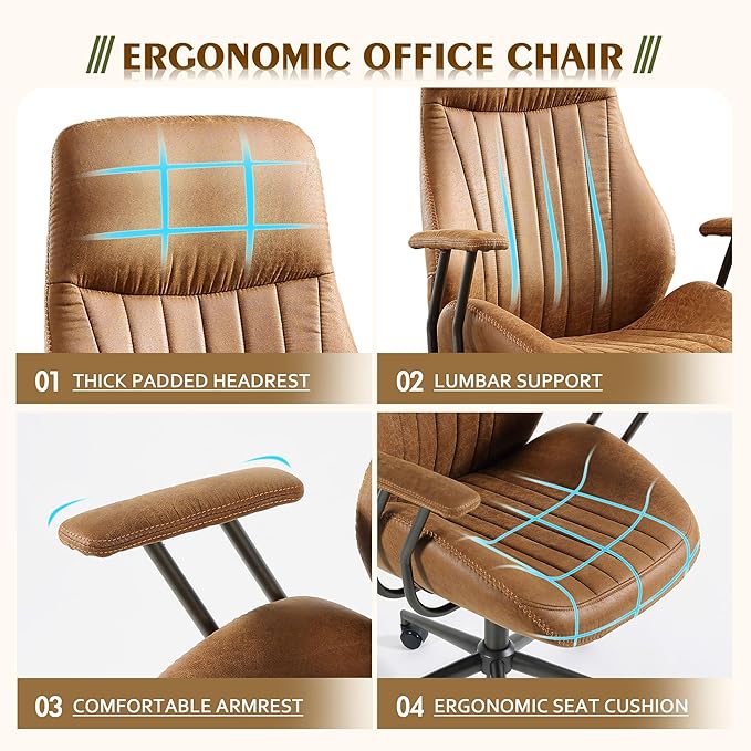 High Back Office Chair,Modern Swivel Office Chair,Brown Suede Fabric Gaming Chair,Height Adjustable Home Office Desk Chair with Lumbar Support