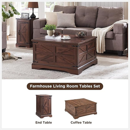 JXQTLINGMU Farmhouse Lift Top Coffee Table with Storage, 36" Wood Square Center Table with Large Hidden Compartment, Rustic Lift Tabletop Dining Table for Home Living Room, Brown