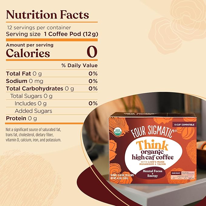 Four Sigmatic High Caffeine Mushroom Coffee K-Cups | Organic Dark Roast Coffee with Lion’s Mane & Yacon | Focus & Immune Support | Vegan & Keto | Sustainable Pods | 48 Count