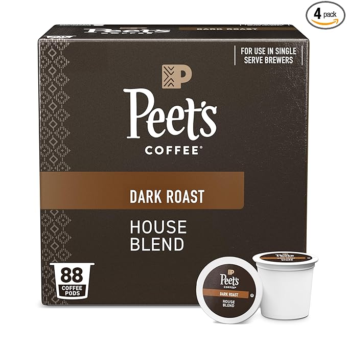Peet's Coffee, Dark Roast Single Serve Coffee Pods - House Blend 88 Count (4 Boxes of 22 Pods)