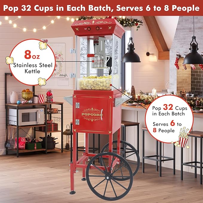 Popcorn Machine Maker With 8 Oz Kettle Makes Up to 32 Cups Popcorn Machine Cart Vintage-Style Popper on Wheels Popcorn Machines for Home (Red)