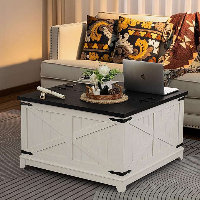 Farmhouse Coffee Table with Hidden Storage Compartment, Antique Black & White Square Large Center Table for Living Room, Wood Rustic Wide Coffee Tables with Hinged Lifting Tabletop for Home