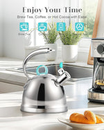 Load image into Gallery viewer, Harriet Tea Kettle Stovetop, 2.5 Quart Whistling Stainless Steel Tea Pot, 3-Layer Base, Unique Ergonomic Handle, Includes Pot Holder &amp; Mat, Electric/Induction/Gas Stovetops Applicable, Mirror Finish