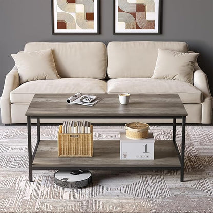 SAYGOER 2-Tier Coffee Table for Living Room Farmhouse Style Center Table with Storage Shelf Rectangle Wood Table for Large or Small Spaces Apartment Home Office, Easy Assembly Gray Wash