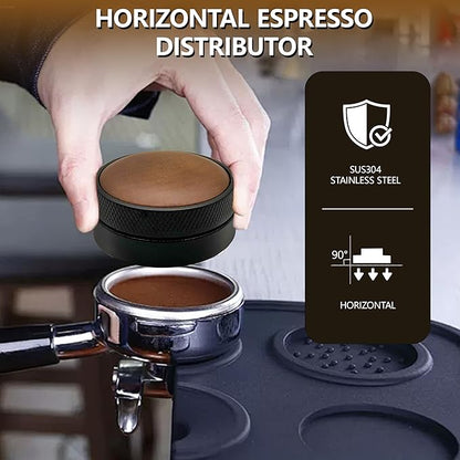 53mm Espresso Distributor with Walnut Wood Top – 58mm Coffee Distribution Tool for Even Tamping – Adjustable Leveling Tool for Portafilters – Barista Espresso Accessories(53mm)