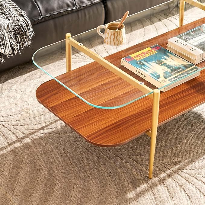 AGV LIGHTING Tadio Large Glass Coffee Table, Mid-Century Modern Coffee Table for Living Room, Gold Finish Leg, Clear Glass Top & Walnut Brown Shelf, 47 in Rrounded Corners