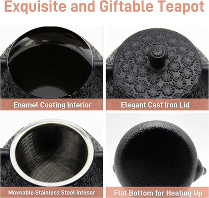 20.3oz Small Cast Iron Teapot, SECHUDO Tea Kettle for Stovetop Safe Coated with Enameled Interior, Japanese Style Tea Pot with Stainless Steel Infuser for Loose Tea (Black Gerbera Pattern)