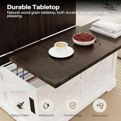 LAUSAINT HOME Farmhouse Lift-Top Coffee Table with Large Hidden Storage Compartment, Wood Square Center Table with Lifting Top for Living Room, Home Office, White