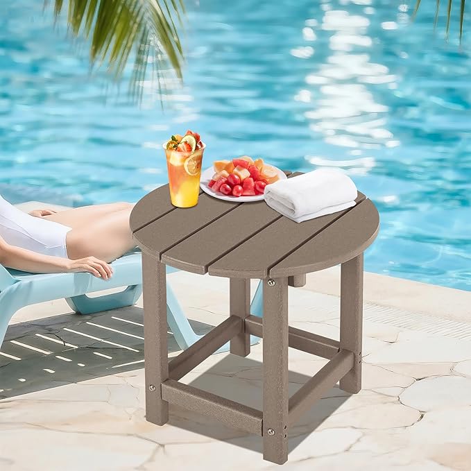 LZRS Round Adirondack Patio Side Table End Table, Outdoor Side Tables for Patio, Backyard,Pool, Indoor Companion, Easy Maintenance & Weather Resistant(Weather Wood)